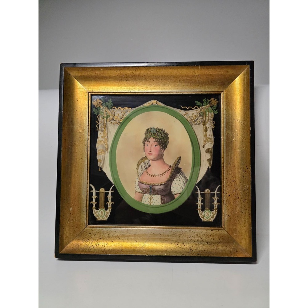 Antique Verre Eglomise Reverse Glass Portraits Josephine Bonaparte Picture Vtg